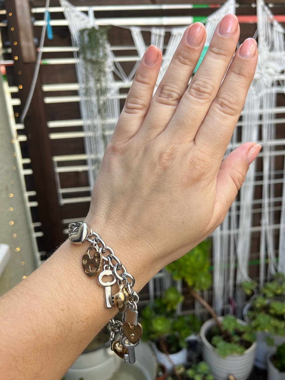 Silver and Gold Tone Charm Bracelet with Keys and Heart Locks